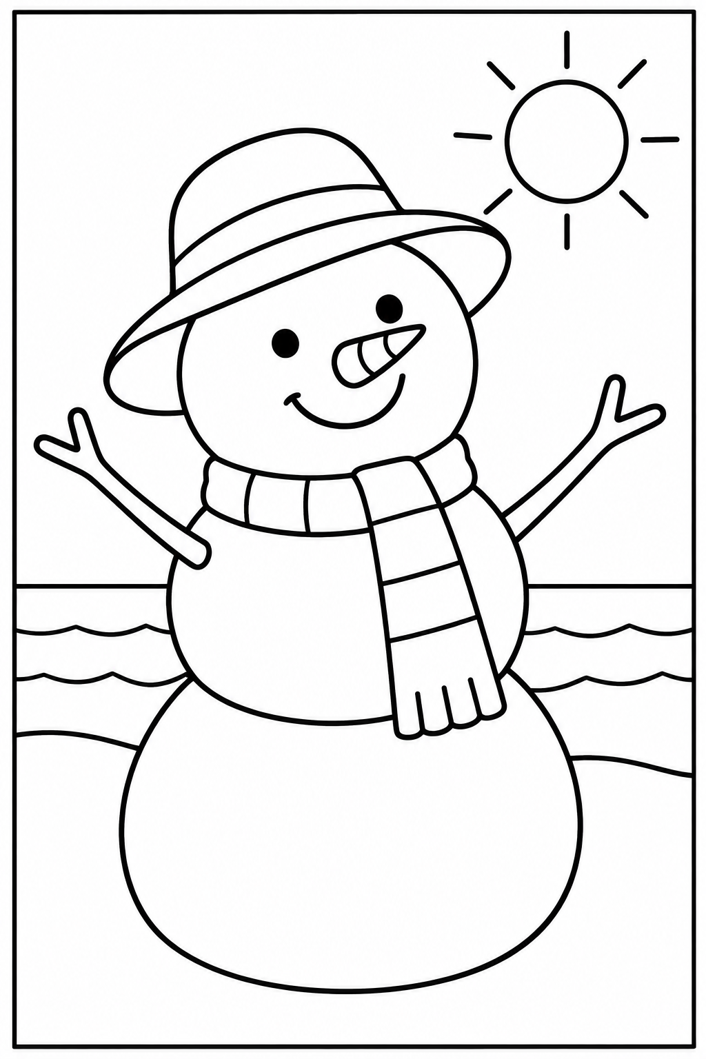 Sneeuwpop — Op het strand — zwart-wit kleurplaat