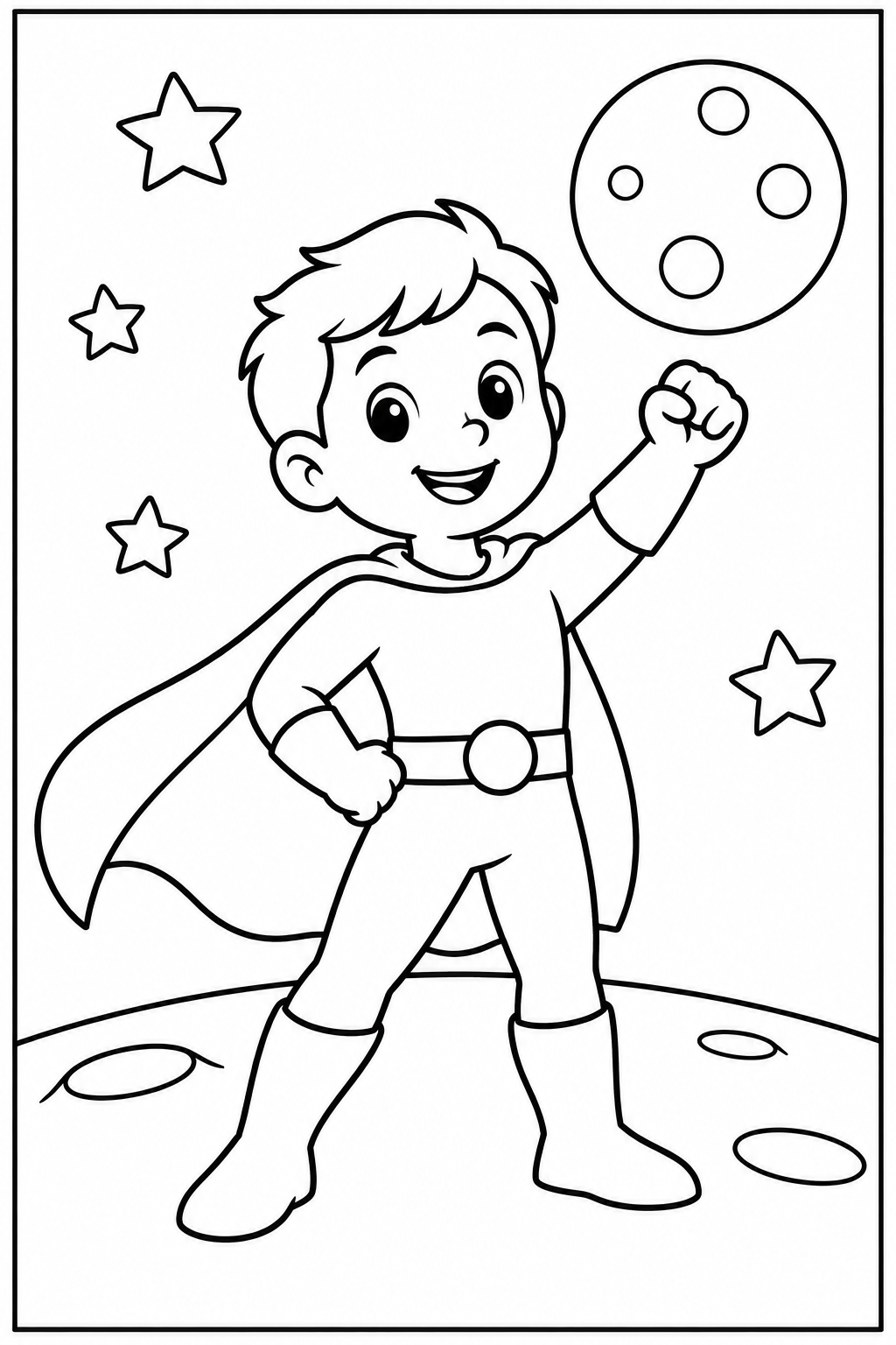 Superheld — Op de maan — zwart-wit kleurplaat