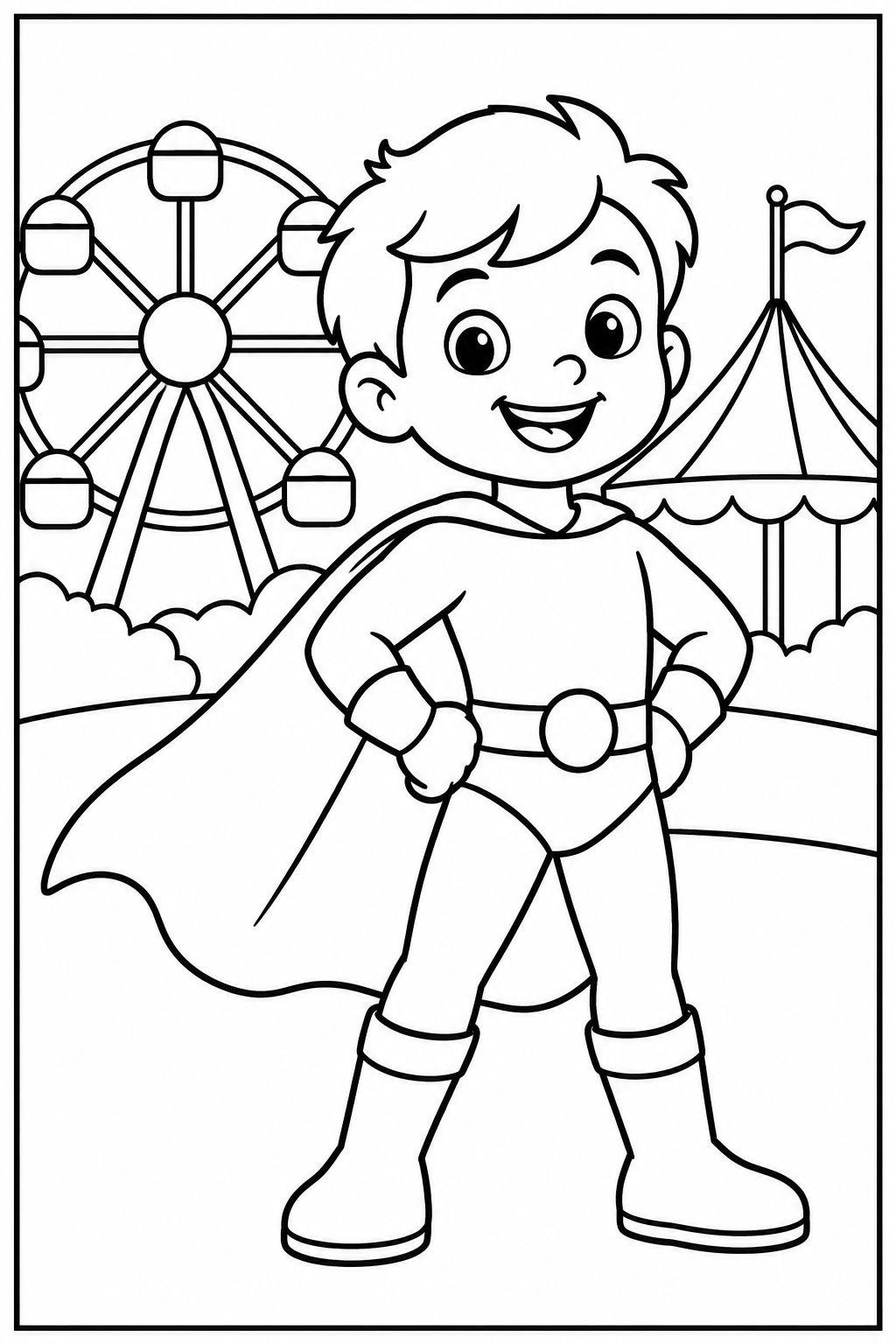 Superheld — In het pretpark — zwart-wit kleurplaat