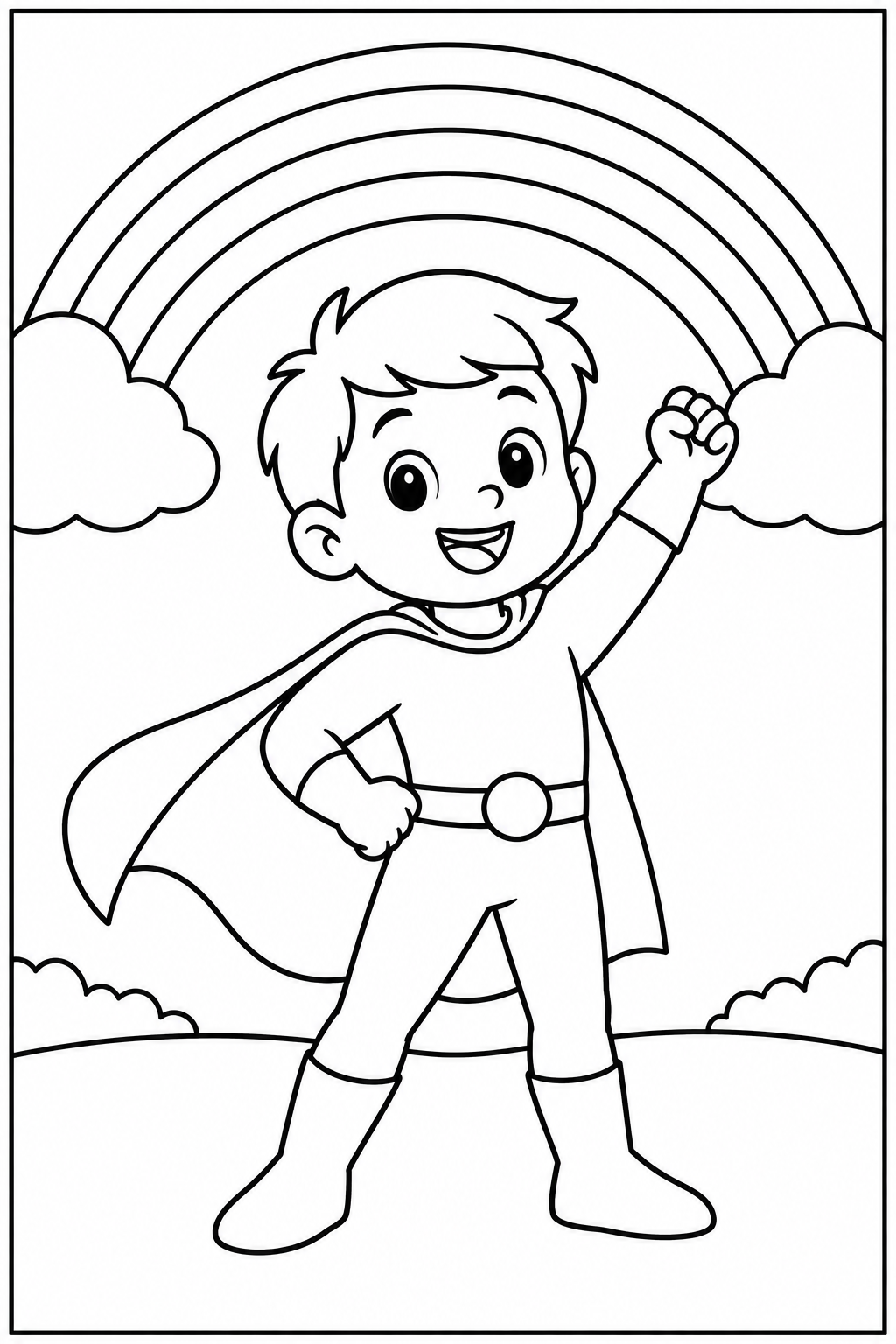Superheld — Bij de regenboog — zwart-wit kleurplaat