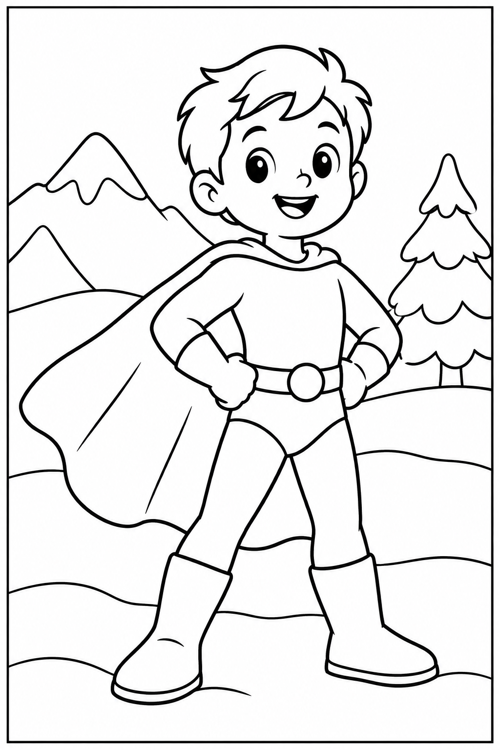 Superheld — In de sneeuw — zwart-wit kleurplaat