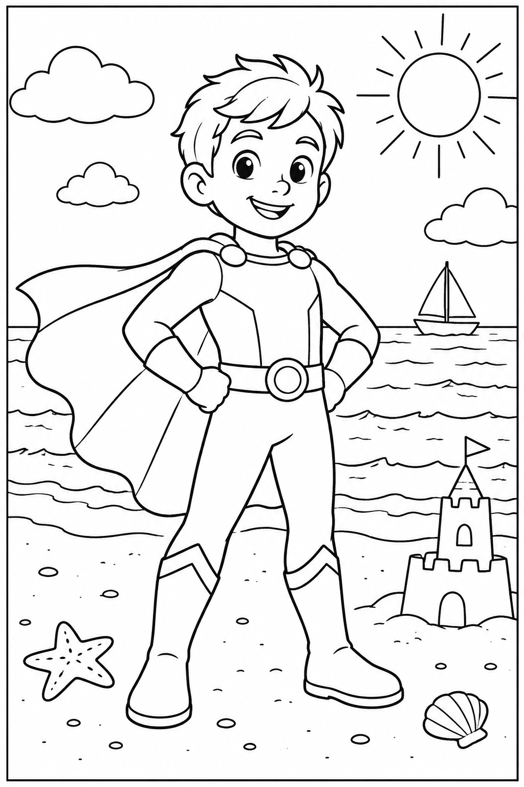 Superheld — Op het strand — zwart-wit kleurplaat