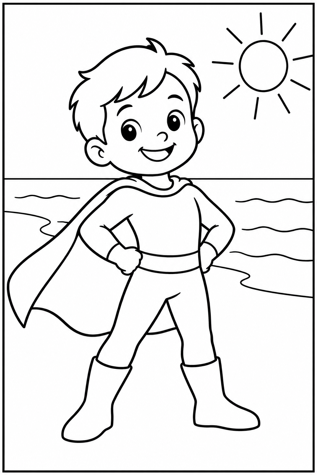 Superheld — Op het strand — zwart-wit kleurplaat