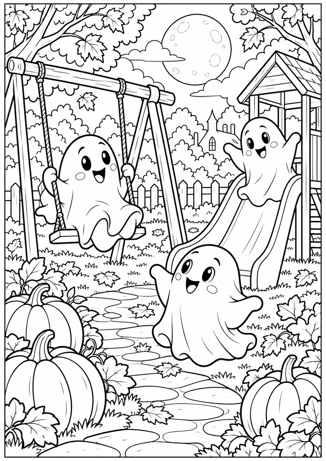 De spookjes in het park — zwart-wit kleurplaat