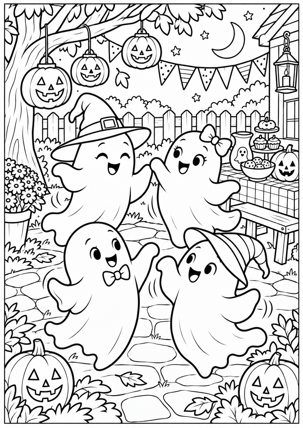De spookjes op het feest — zwart-wit kleurplaat