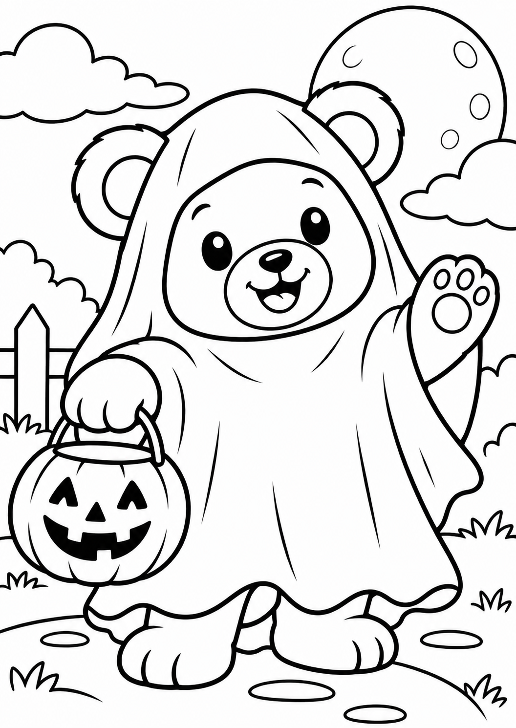 De teddybeer als spook — zwart-wit kleurplaat
