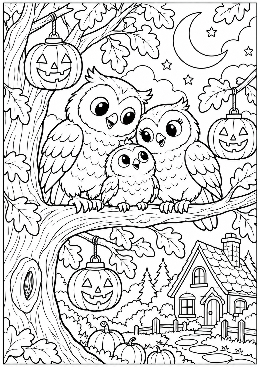 De uilen vieren Halloween — zwart-wit kleurplaat