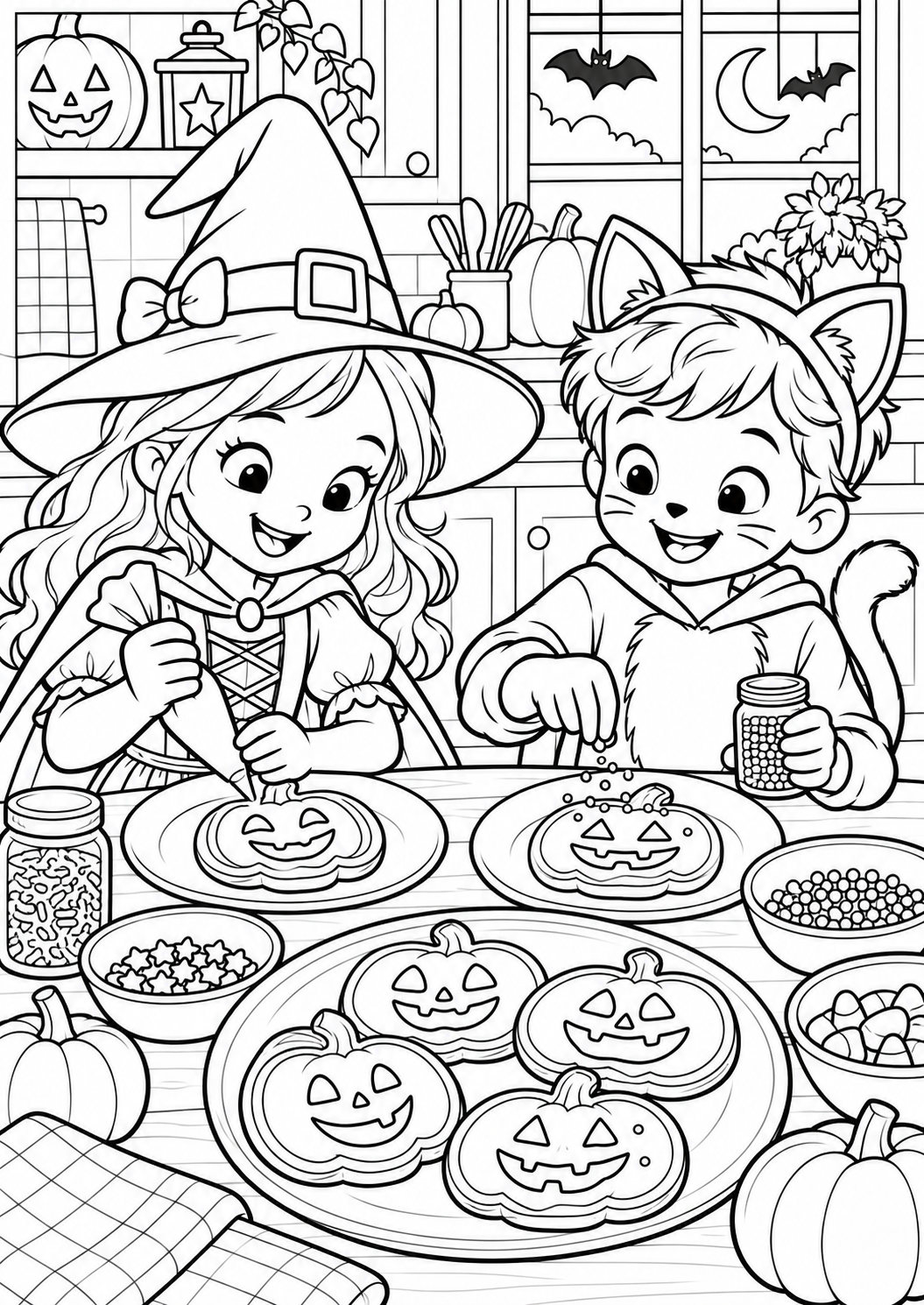 Het Halloweenkoekjesfeest — zwart-wit kleurplaat