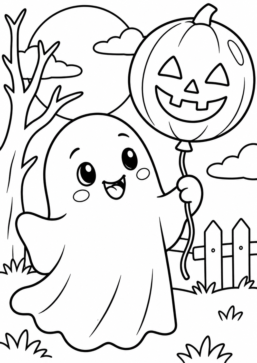 Het spookje met de ballon — zwart-wit kleurplaat