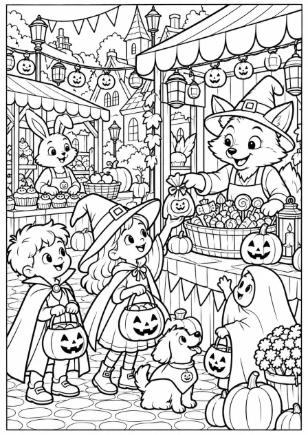 De Halloweenmarkt — kleurplaat om te printen