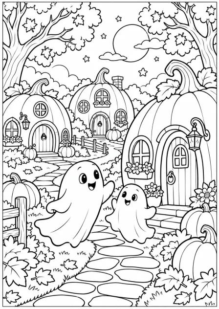 Halloween in het pompoendorp — kleurplaat om te printen