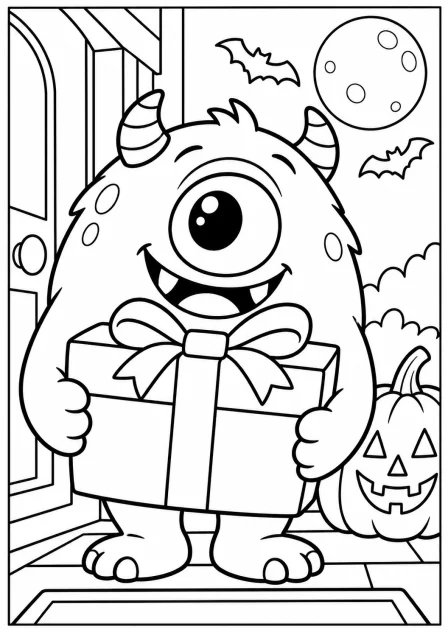 Het monster met het cadeautje — kleurplaat om te printen