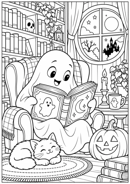 Het spookje in de bibliotheek — kleurplaat om te printen