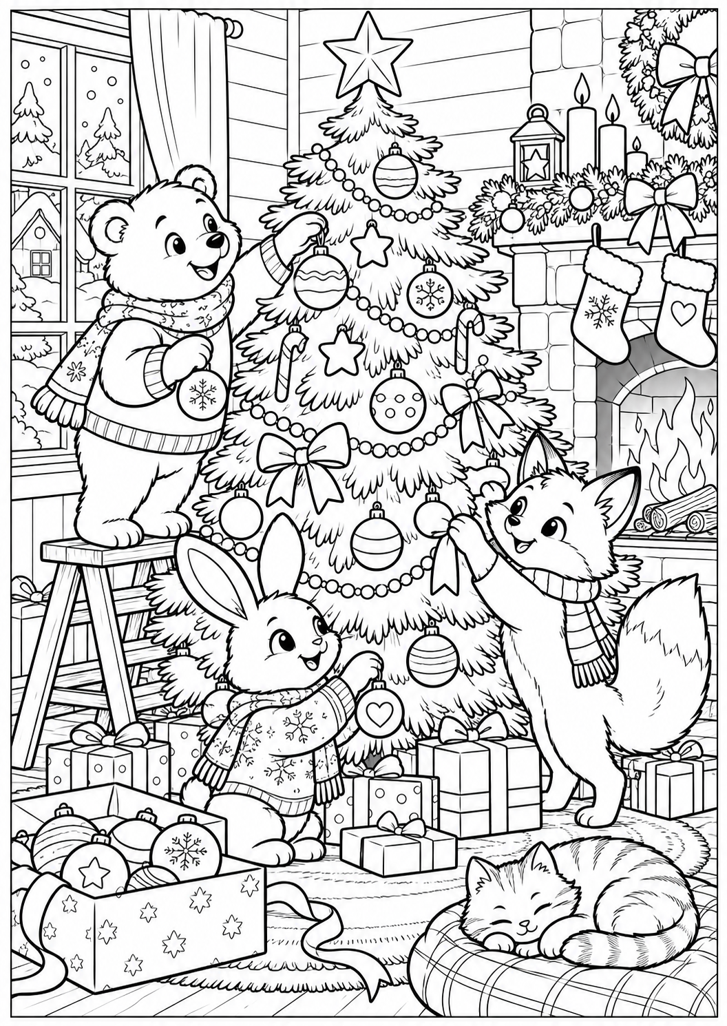 De dieren versieren de boom — zwart-wit kleurplaat
