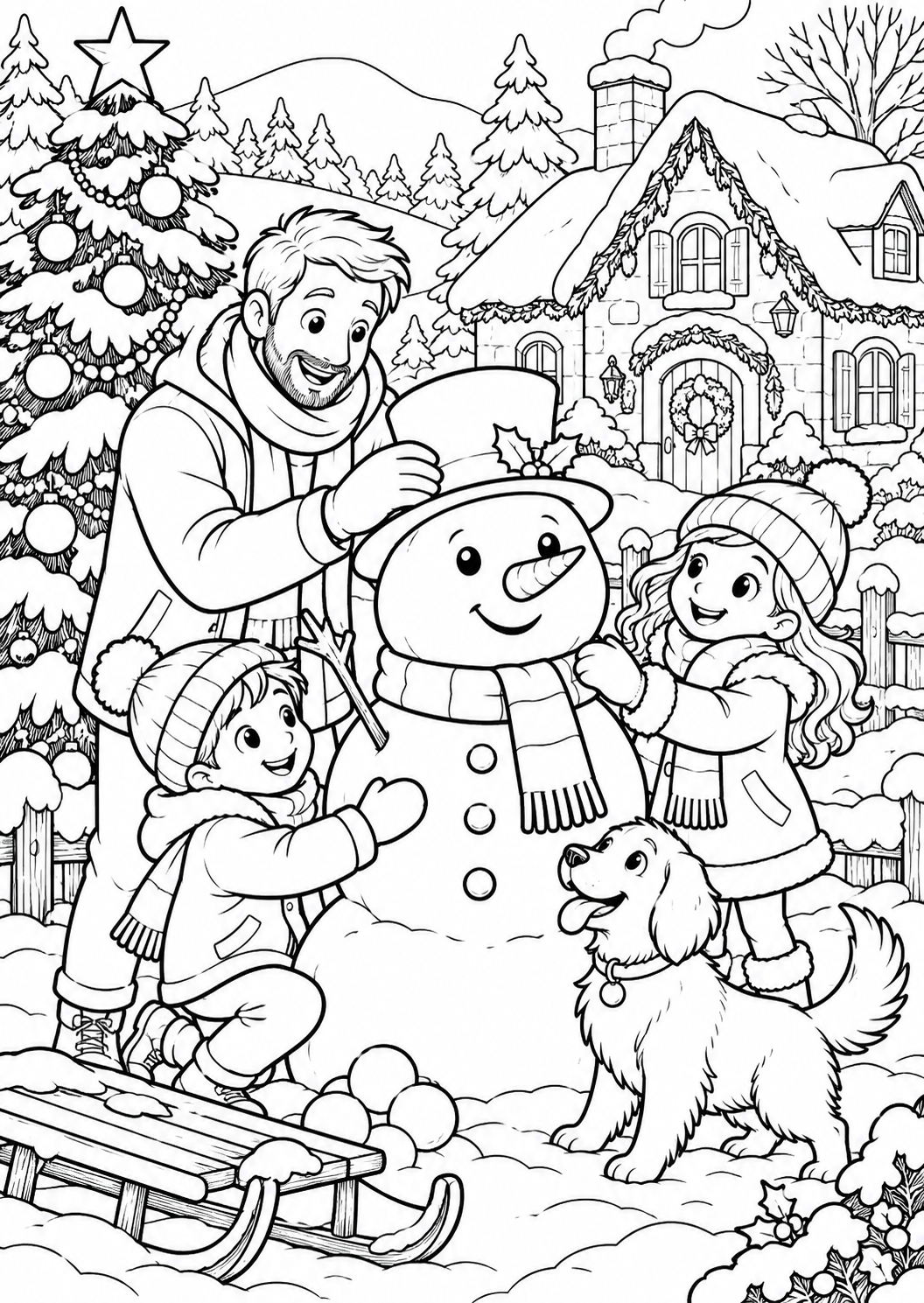 De familie bouwt een sneeuwpop — zwart-wit kleurplaat