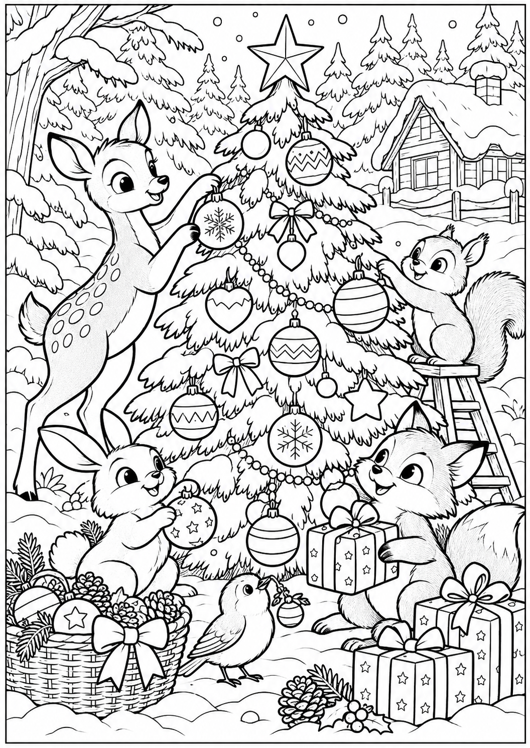 De kerstboom in het bos — zwart-wit kleurplaat