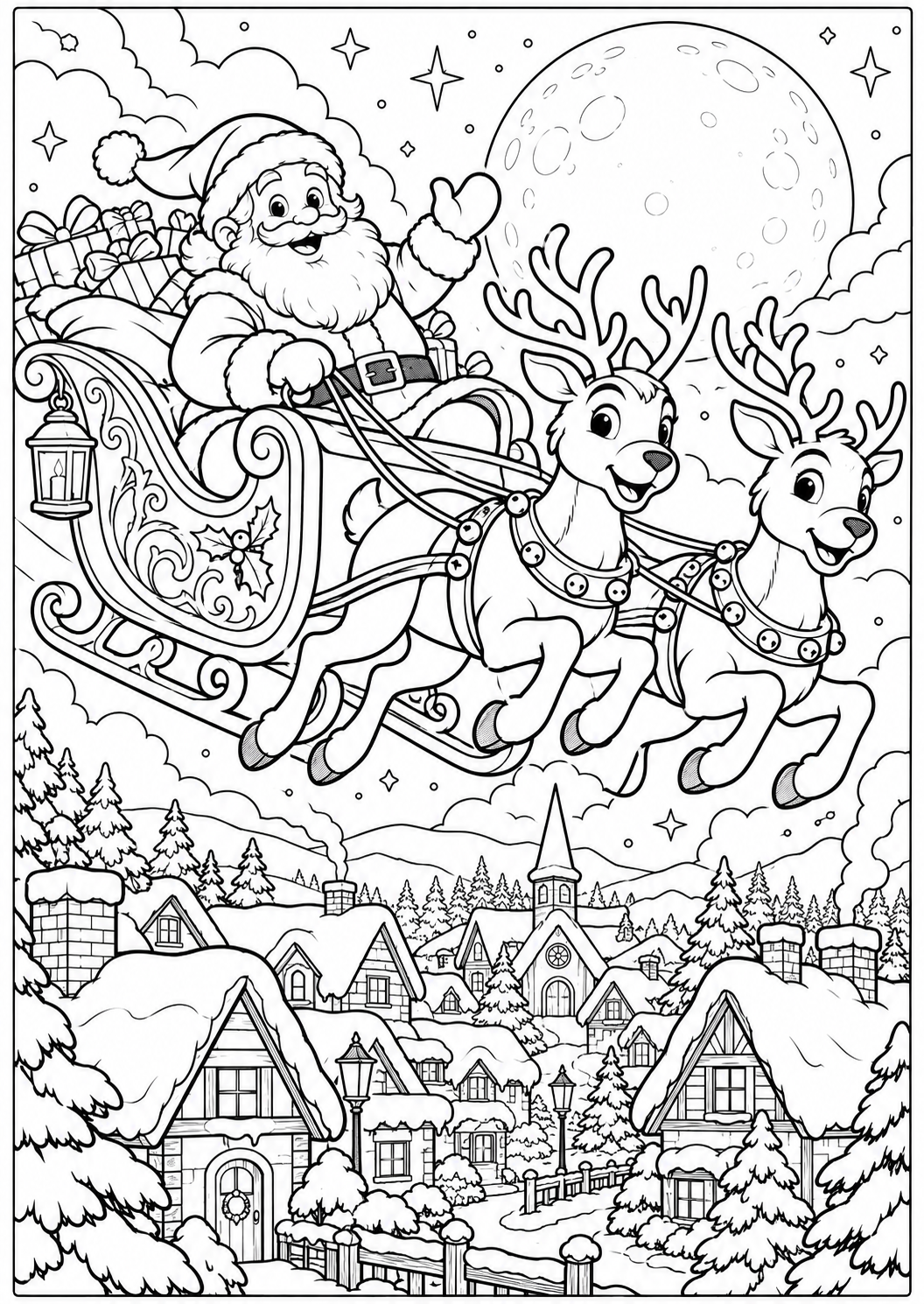 De kerstman boven de daken — zwart-wit kleurplaat