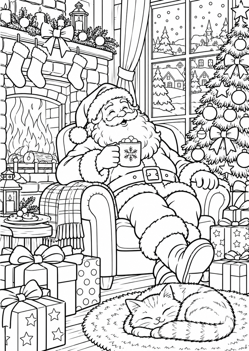 De kerstman drinkt chocolademelk — zwart-wit kleurplaat