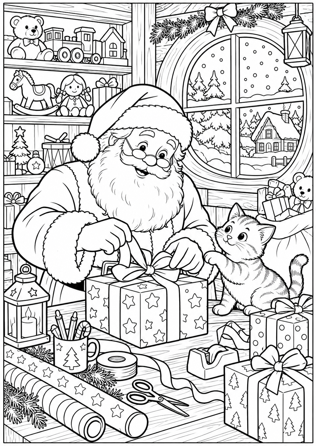 De kerstman pakt cadeaus in — zwart-wit kleurplaat