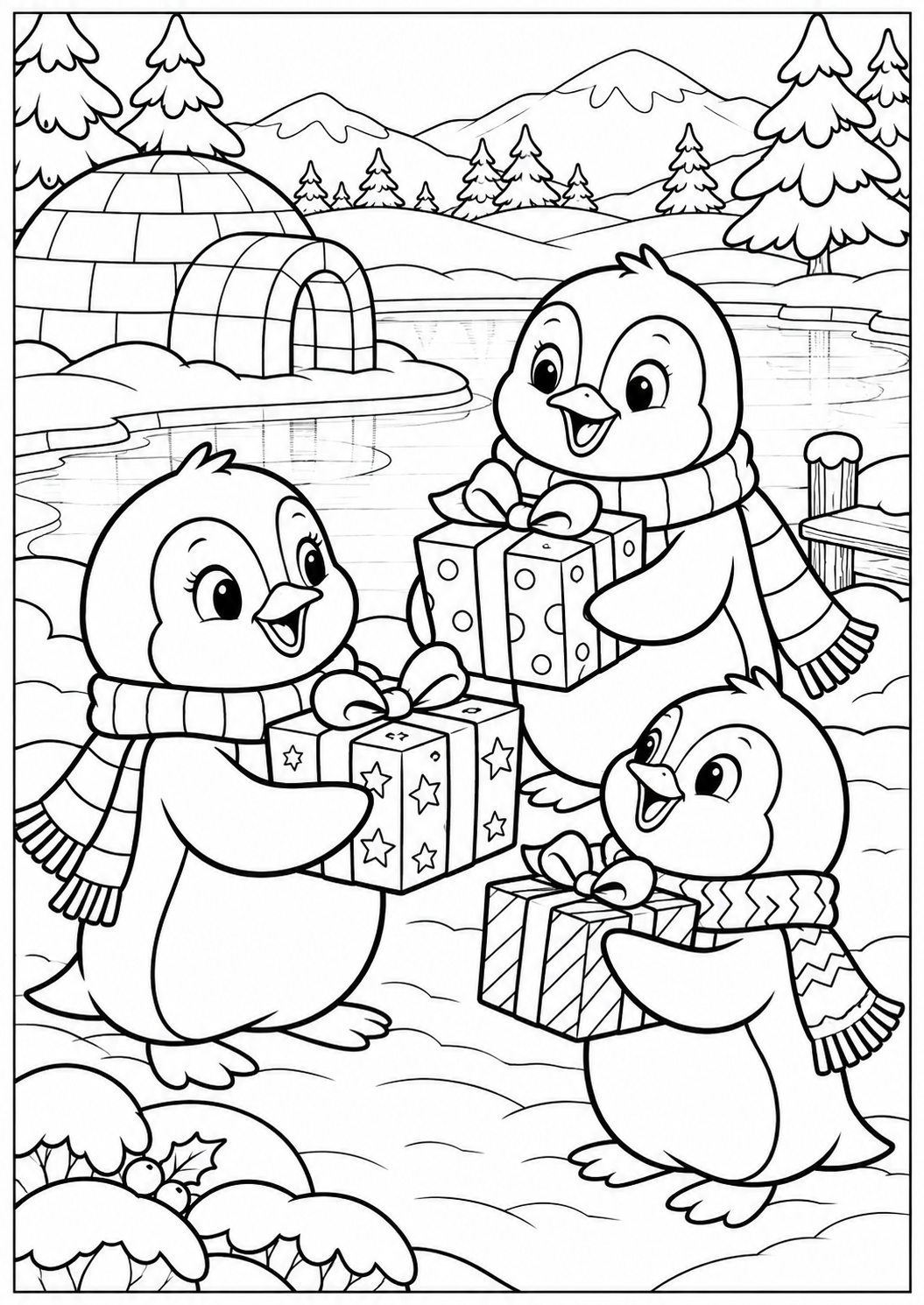De pinguïns op het ijs — zwart-wit kleurplaat