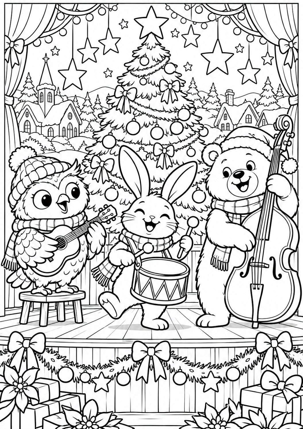 Het kerstconcert van de dieren — zwart-wit kleurplaat
