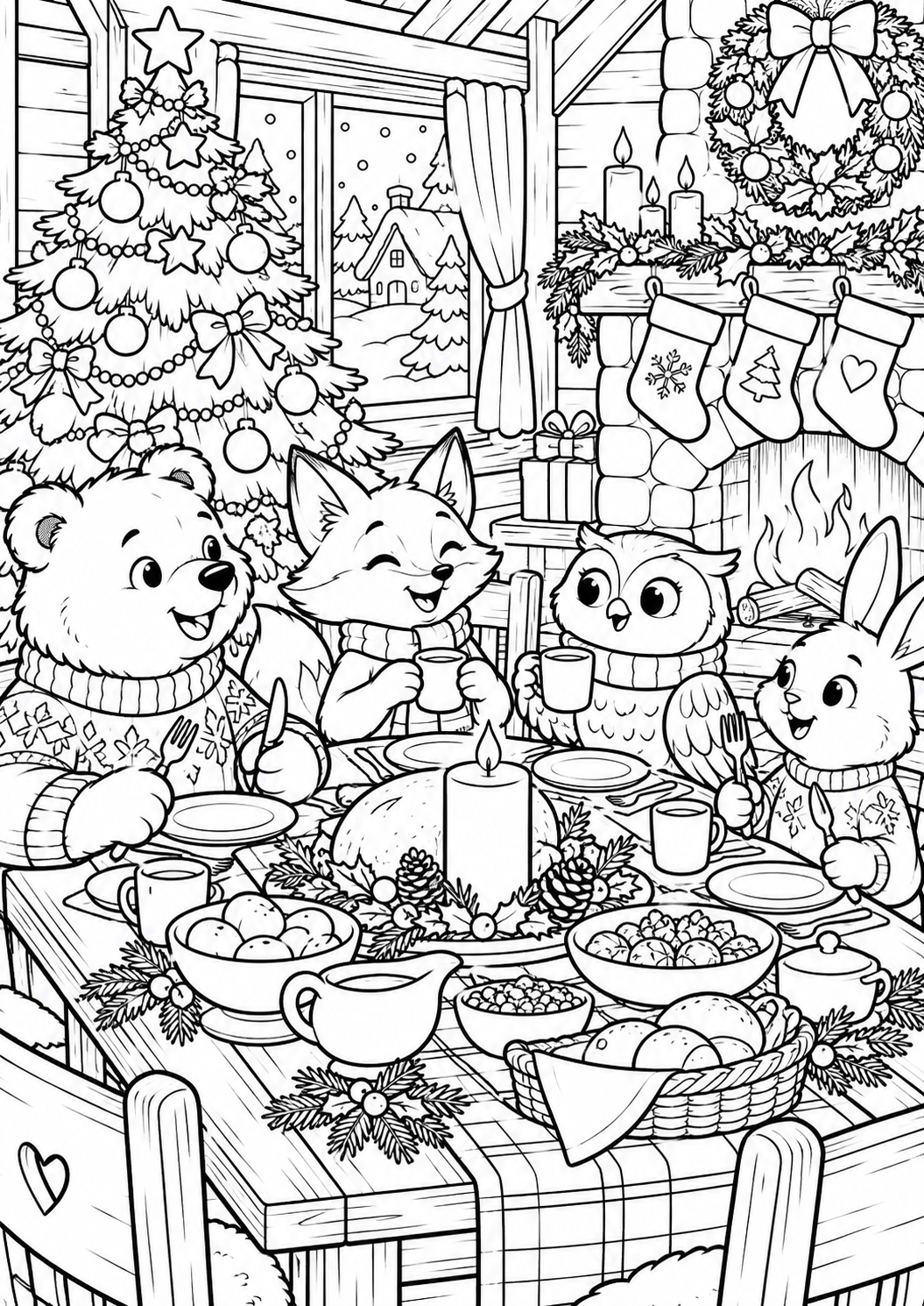 Het kerstdiner van de dieren — zwart-wit kleurplaat