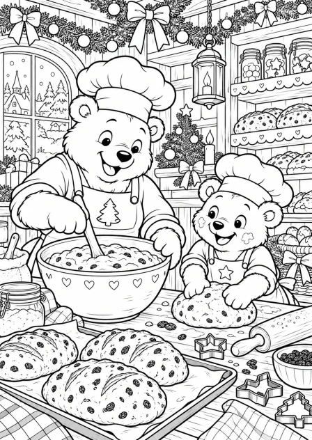 De beren bakken kerstbrood — kleurplaat om te printen