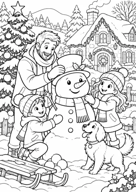 De familie bouwt een sneeuwpop — kleurplaat om te printen