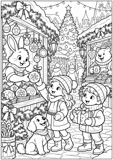 De kerstmarkt op het plein — kleurplaat om te printen