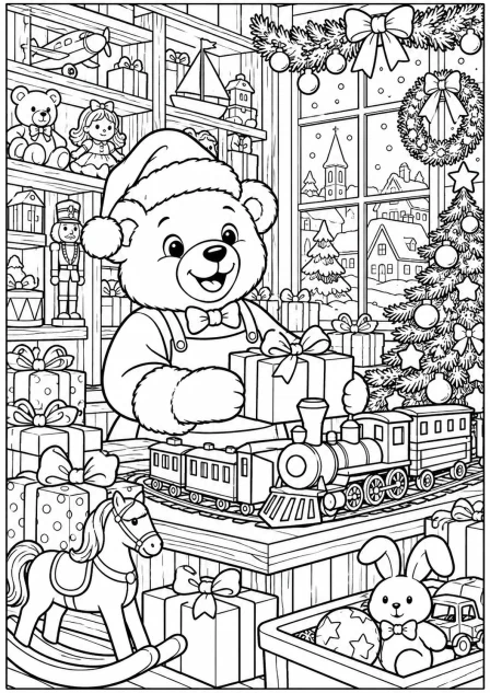 De kerstspeelgoedwinkel — kleurplaat om te printen