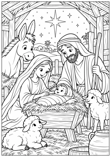De kerststal — kleurplaat om te printen