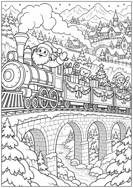 De kersttrein door de bergen — kleurplaat om te printen
