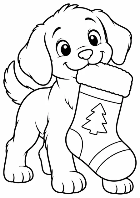 De puppy met de kerstsok — kleurplaat om te printen