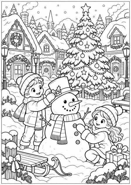 Kerst in het winterdorp — kleurplaat om te printen