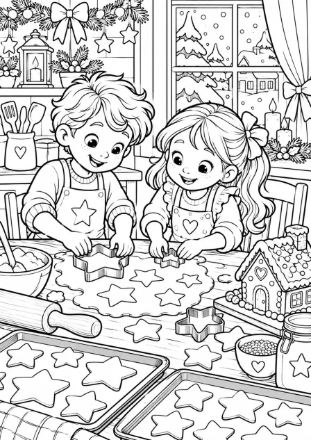 Kerstkoekjes in de keuken — kleurplaat om te printen