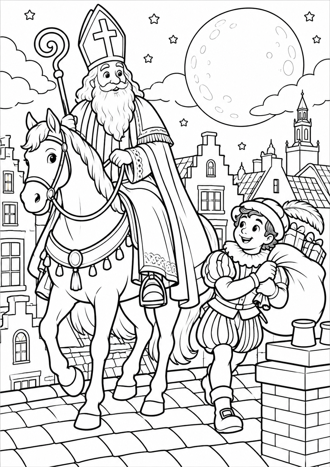 De sterren boven de daken — zwart-wit kleurplaat