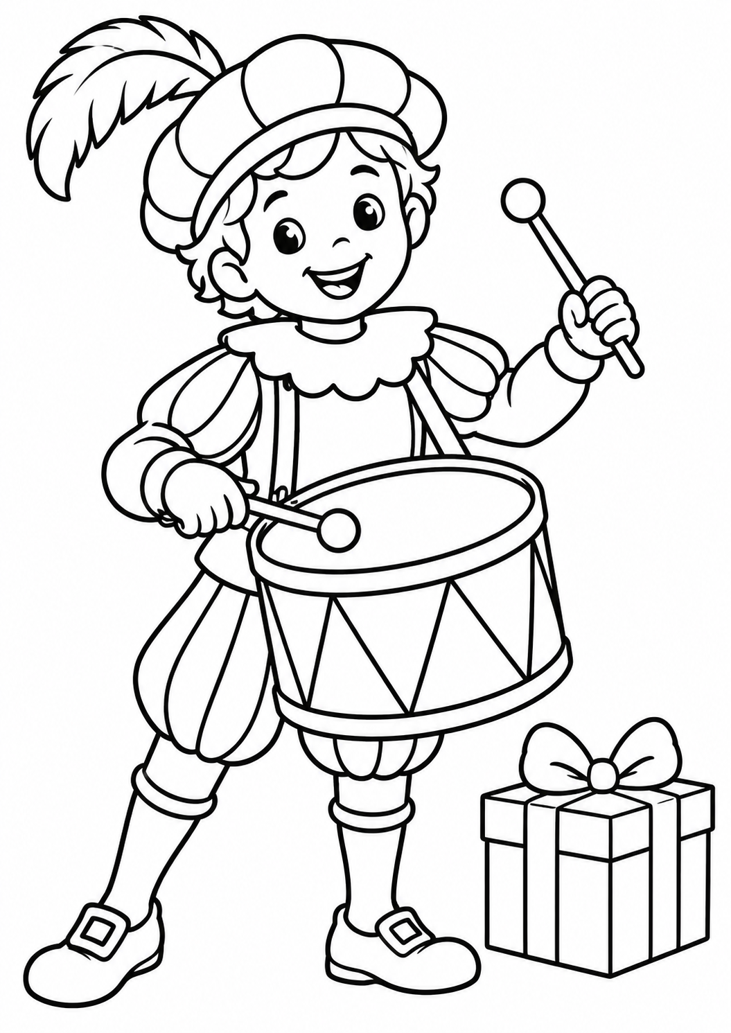 De vrolijke trommelpiet — zwart-wit kleurplaat