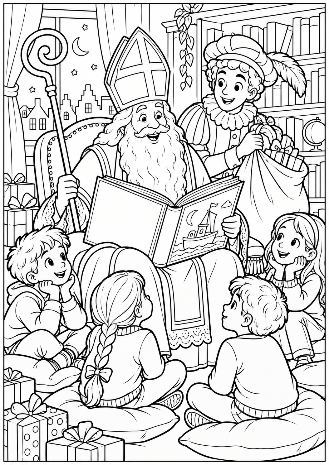 Het feest in de bibliotheek — zwart-wit kleurplaat