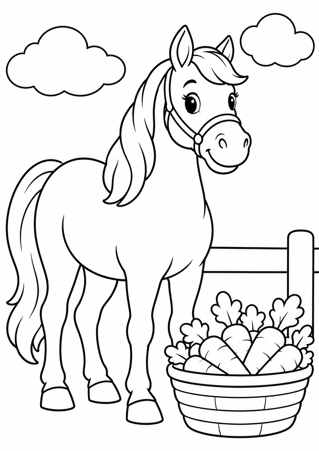 Het paard in de wei — zwart-wit kleurplaat