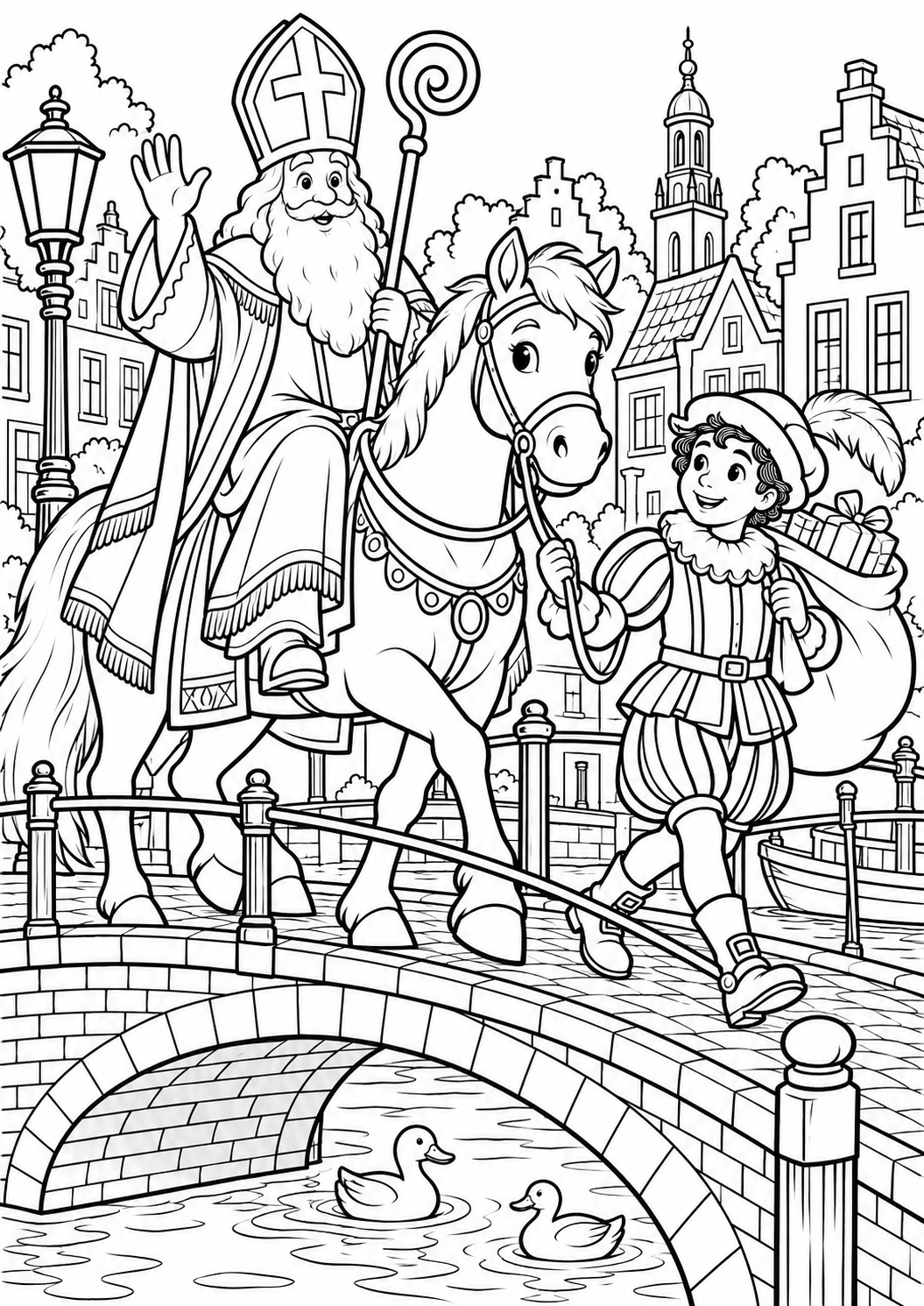 Het paard over de brug — zwart-wit kleurplaat