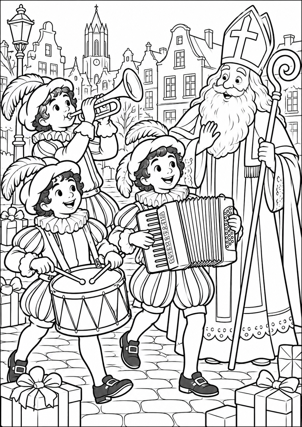 Pieten oefenen muziek — zwart-wit kleurplaat