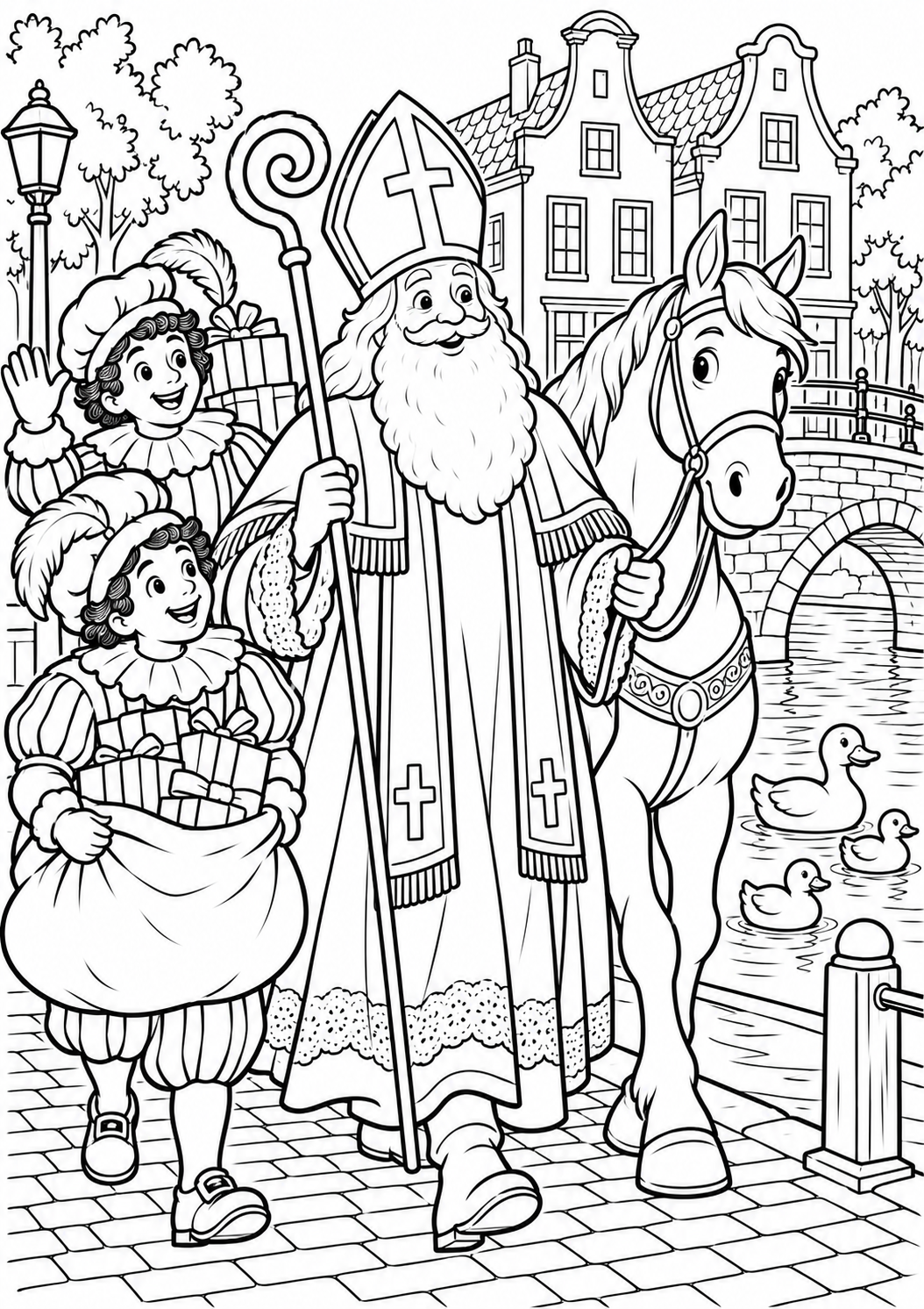 Sinterklaas bij de gracht — zwart-wit kleurplaat