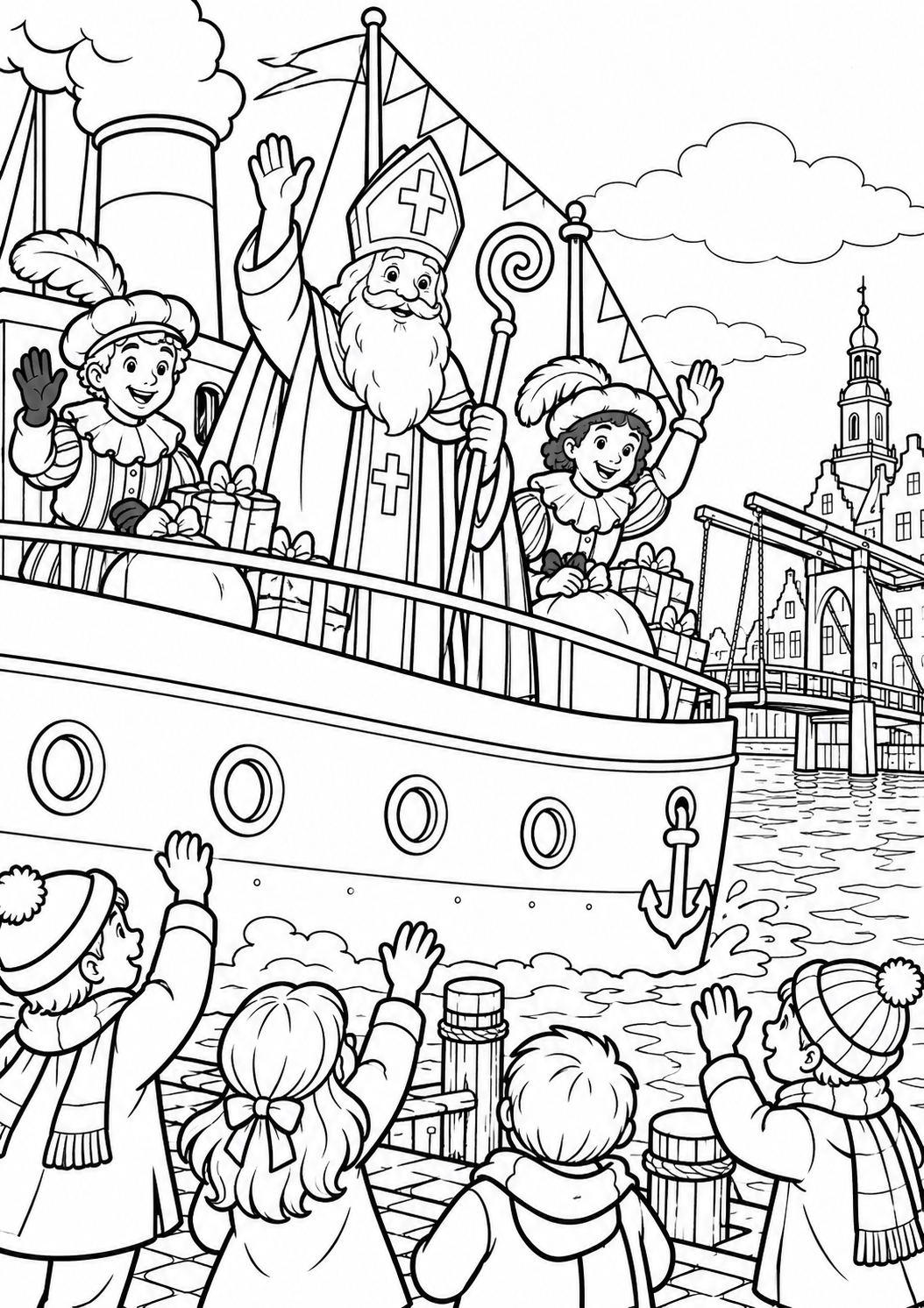 Sinterklaas neemt afscheid — zwart-wit kleurplaat