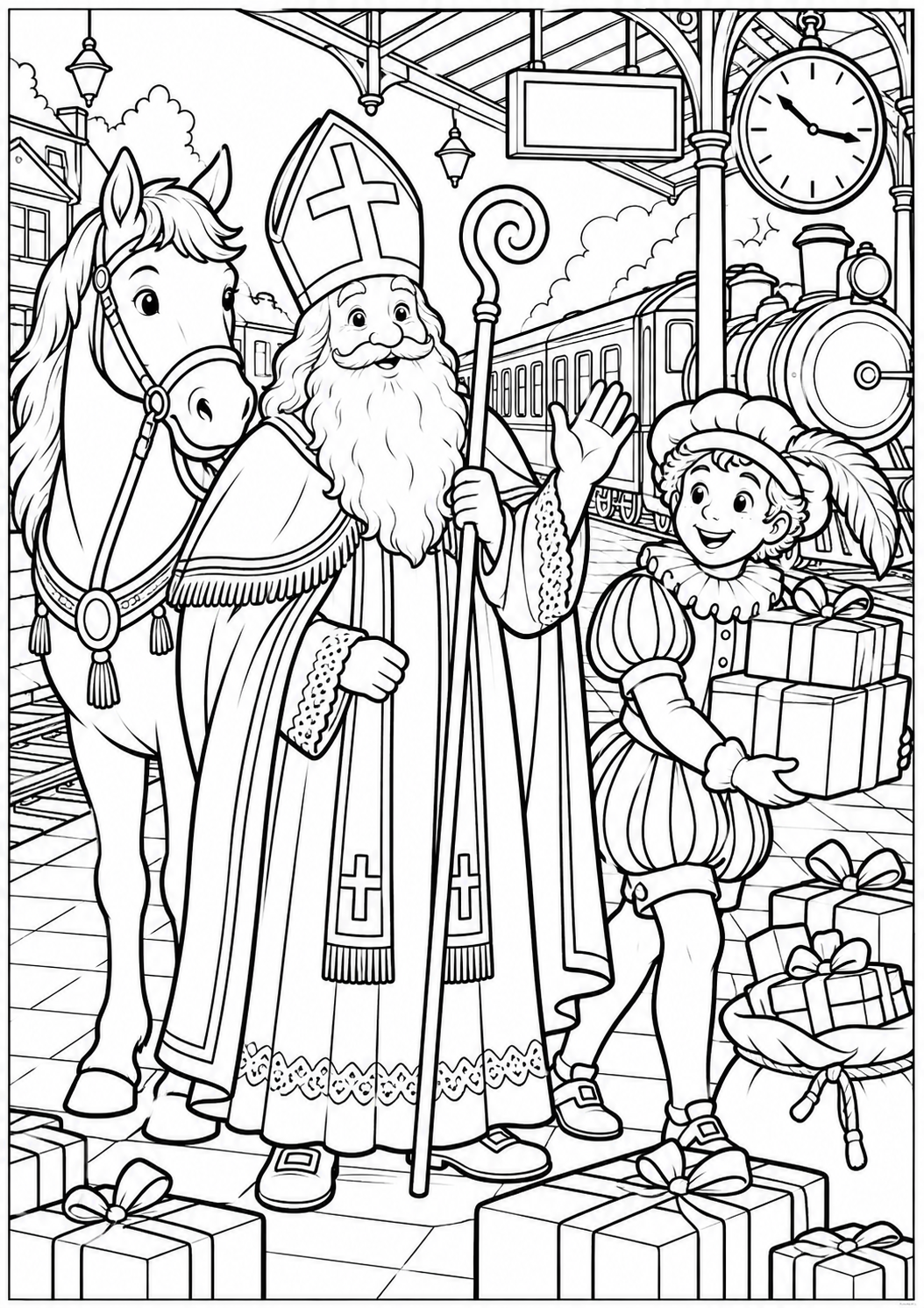 Sinterklaas op het station — zwart-wit kleurplaat