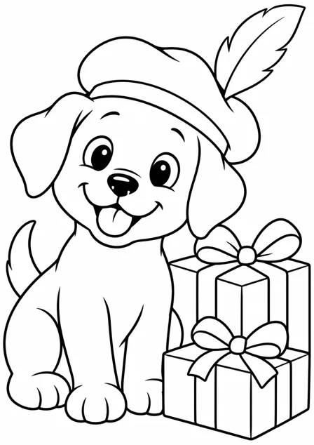 Het hondje bij de cadeaus — kleurplaat om te printen