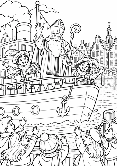 Intocht met de stoomboot — kleurplaat om te printen