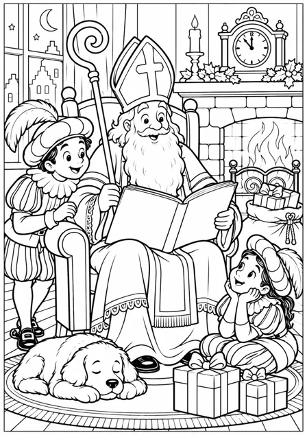 Sinterklaas leest zijn boek — kleurplaat om te printen