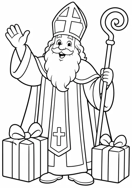 Sinterklaas met zijn staf — kleurplaat om te printen