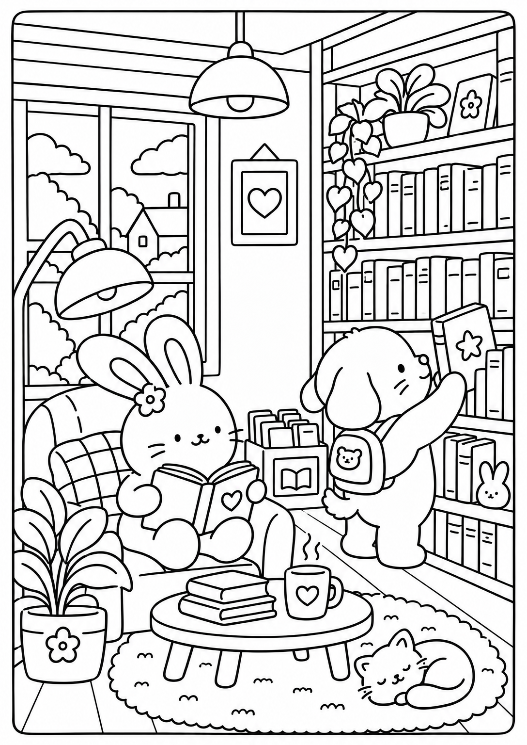 Een middag in de boekwinkel — cozy kleurplaat voor volwassenen