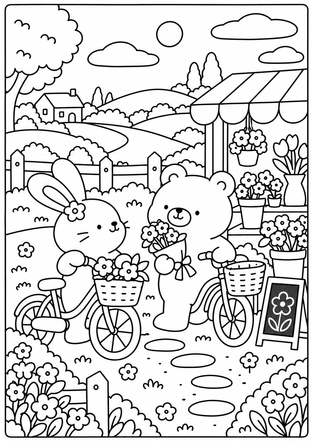 Met de fiets naar de bloemenkraam — cozy kleurplaat voor volwassenen